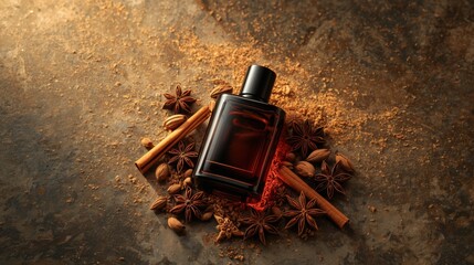 a perfume bottle without a label or inscription, placed on a weathered stone surface that radiates timeless sophistication