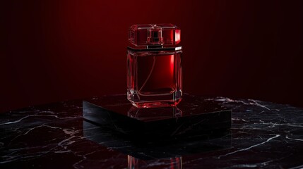 an elegant perfume bottle positioned on a polished black marble surface with mirror-like reflections