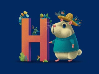 Hamster wearing a hat on a head and uppercase latin alphabet letter H on blue background