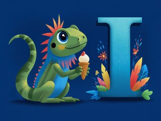 Adorable iguana eating ice cream and uppercase latin alphabet letter I on blue background