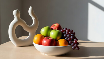 A still life of fruit in a bowl beside a modern sculpture