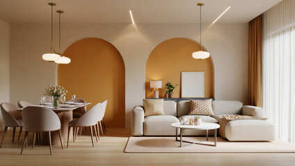 Modern living room and dining area with arched walls and minimalist decor