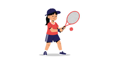 Enthusiastic young girl in a red shirt and blue shorts prepares to hit a tennis ball with her racket on a bright day.