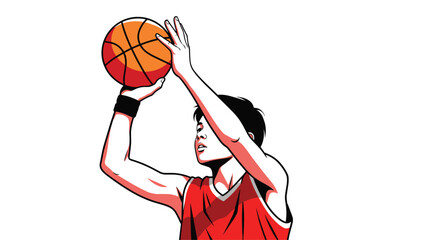 Fototapeta premium Determined basketball player in a red jersey focuses intensely as he jumps to shoot a ball towards the hoop during a match.
