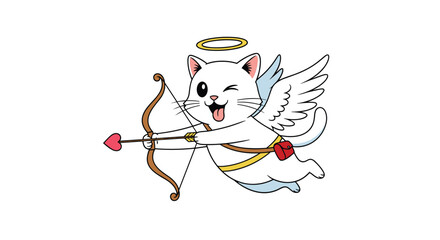 Fototapeta premium Whimsical white cat dressed as a winged cupid aiming a heart-tipped arrow with a bow in a fun Valentine's Day themed illustration.