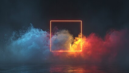 Illuminated orange square, flanked by blue & red smoke on a reflective floor