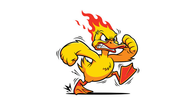 Angry yellow duck runs frantically with flames on its head, creating a humorous and energetic cartoon character for action themes.