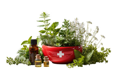 Red bowl filled with various herbs and small bottles of liquid