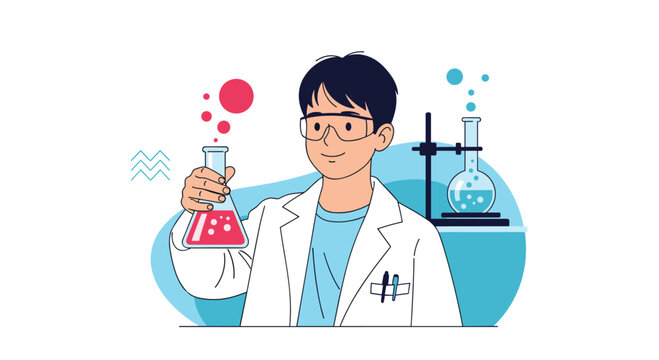Young male scientist in a white lab coat and safety glasses holds a beaker with a chemical reaction in a lab.