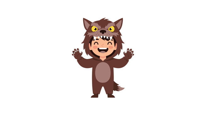 Young child wearing a brown werewolf costume with a big wolf head and sharp teeth to celebrate a fun halloween party or trick or treating.