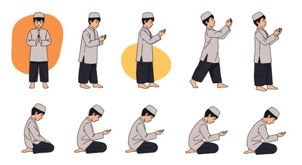 Illustration showing a young boy in various poses and positions performing the traditional muslim prayer sequence for educational use.