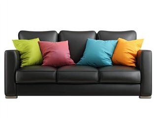 Black leather couch with colorful pillows, isolated against white background