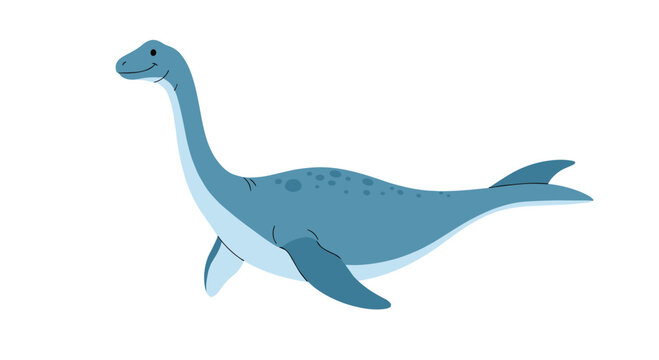 Prehistoric blue plesiosaur aquatic dinosaur swimming through the ocean with its long neck and flippers on a clean white background.