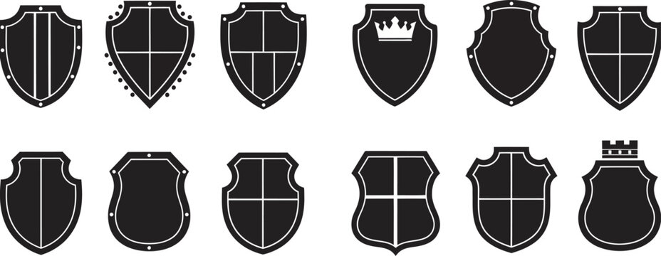 Collection of 12 heraldic shields with various shapes and crowns