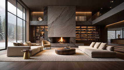 Modern living room with fireplace and floor to ceiling windows