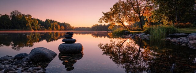 Stacked stones by water reflect trees, sky at sunrise. Serene zen scene