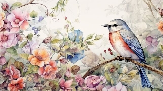 Delicate watercolor floral scene with a tiny bluebird perched among blossoms and vines