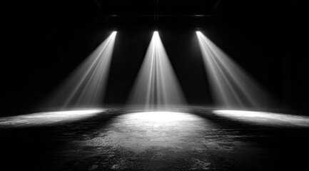 Three spotlights illuminate a textured surface in a dark, empty room