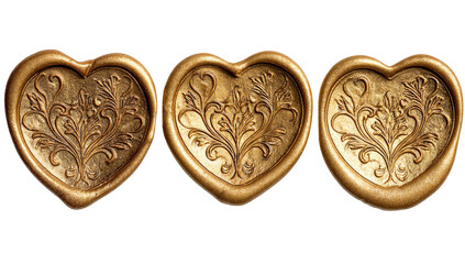 Three ornate, heart-shaped, gold-toned decorative panels.  Intricate,  filigree floral designs,  recessed within the hearts.  Elegant, decorative,  classic,  vintage style