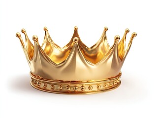 Polished golden crown with ornate detail, shimmering on a white backdrop