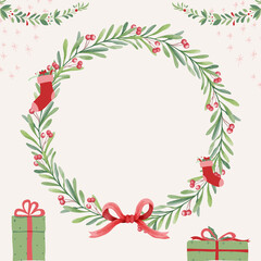 Fototapeta premium Hand drawn Christmas wreath illustration with red ribbon, gift boxes, and festive leaves creating holiday frame design with copy space