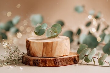 Rustic wood platforms w/ eucalyptus, soft light, & baby's breath backdrop