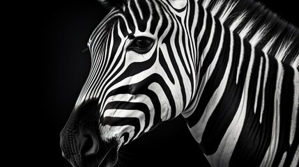 Detailed Close-Up Portrait of a Zebra's Striped Face Illuminated in Monochrome