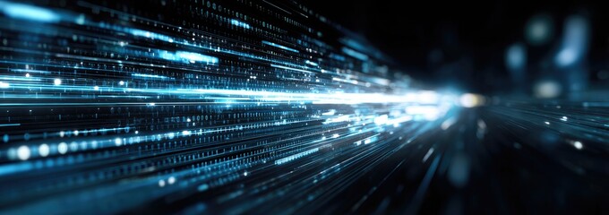 Abstract Blue light trails on a dark background, suggesting speed and data flow