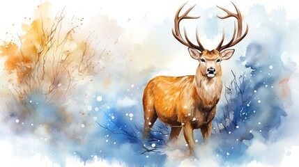 Elegant Arctic Stag in a Dreamy Winter Snowfall with Vivid Watercolor Palette