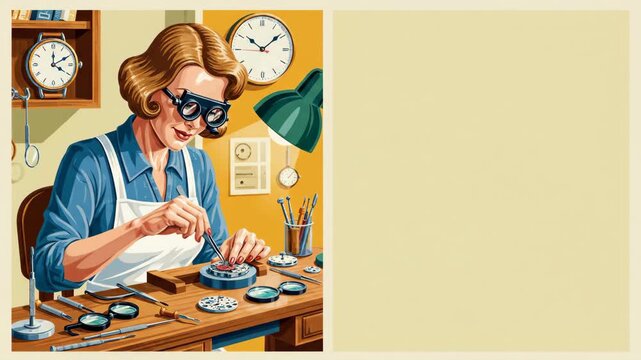 Woman watchmaker fine tunes clock mechanism on wooden desk with precision tools, concept of retro craftsmanship and dedication