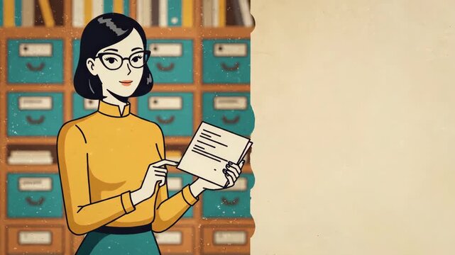 Woman archivist reading index card, classic retro library theme for historical documentation and data management