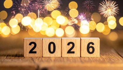 Wooden blocks showing year change from 2025 to 2026 with fireworks and festive lights in background.