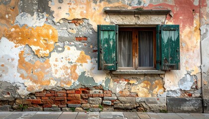 Cracked Plaster Window Shutters Old Building Exterior Rustic Texture Weathered Italian Architecture Facade Vibrant Colors