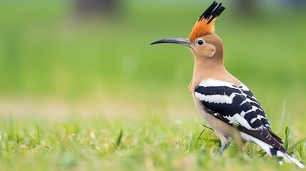 Elegant Hoopoe Bird Stands Upright With Raised Crest In Sunlit Grassland