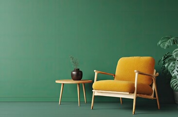 Cozy room yellow chair, wood table, plant against emerald wall