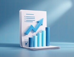 Rising graph on paper, 3D render. Blue gradient, growth concept, light beam