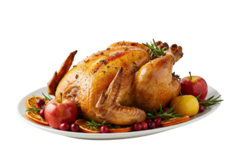 Roasted golden chicken, crispy herbed skin, on white platter with apples, cranberries, white background, copy space, Thanksgiving feast atmosphere