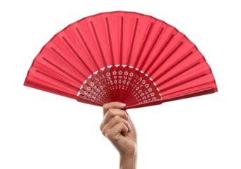 Hand holding traditional red fan for chinese new year on transparent background 