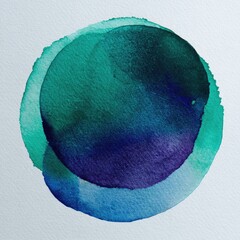 Abstract teal and indigo watercolor circle on textured white paper