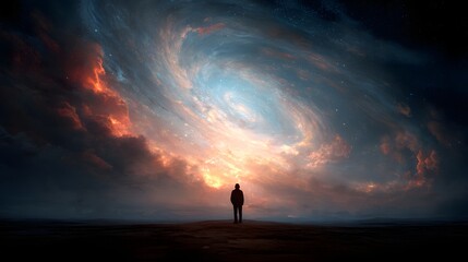 Fototapeta premium Lone figure gazes at a swirling cosmic nebula in a vast universe.