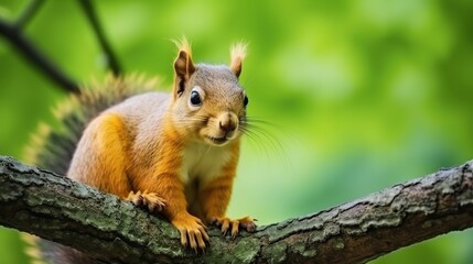 Obraz premium Energetic red squirrel perched on a textured tree branch in a sunlit forest