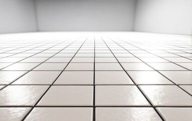 Bright, tiled floor stretches into blurry white space, perspective focus