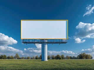 Large blank billboard standing in a sunny field, bright blue sky above