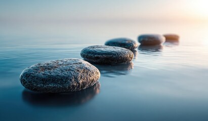 Rocks in serene water, horizon sunset, calm blue, spiritual stepping stones