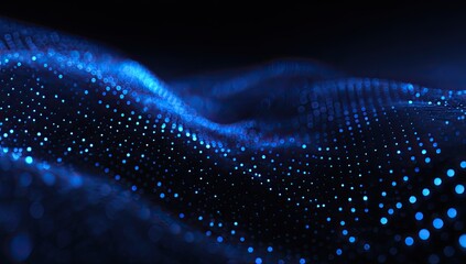 Glowing blue dots undulating across a dark plane, depth of field