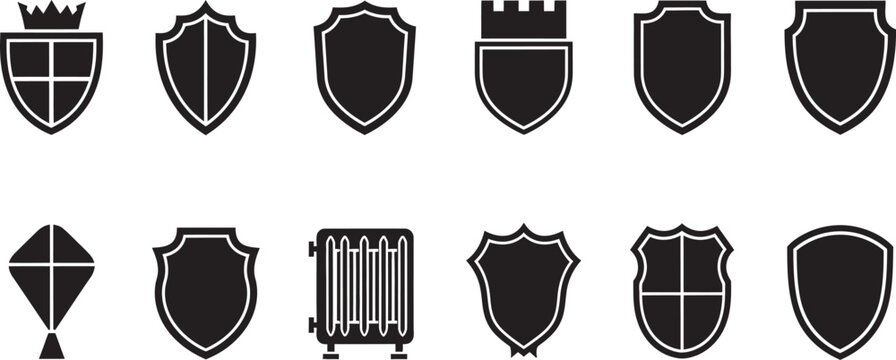 Collection of heraldic shields and crests in various shapes and designs