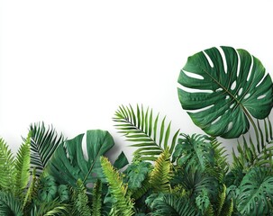 Lush, green tropical leaves create an organic border against white backdrop