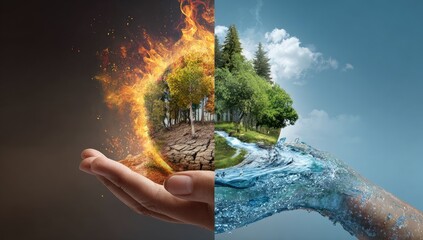 Hand holds split earth arid fire vs. lush water environments