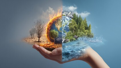 Earth duality one side burning, other flourishing on hand. Climate contrast