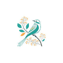 Elegant bird illustration with floral elements in elegant folk art style for greeting cards, wedding design, and posters.